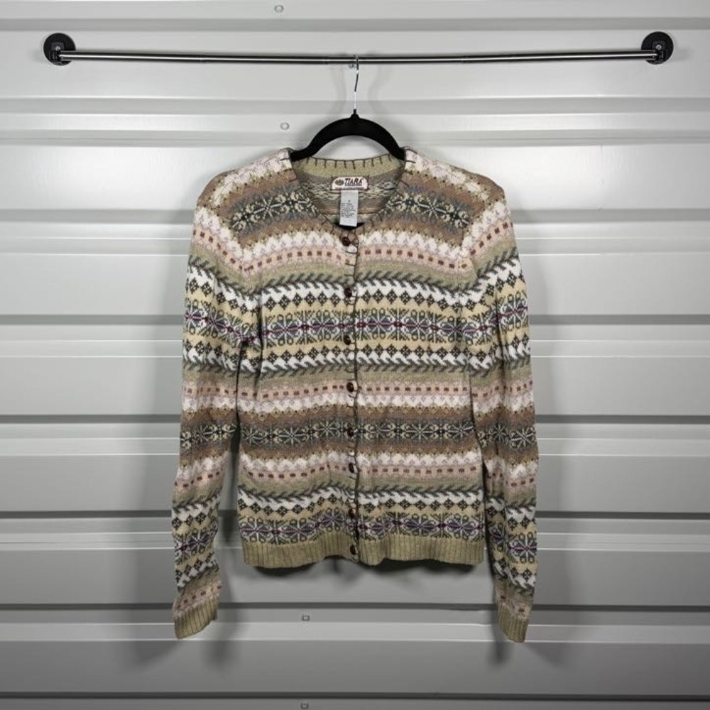 Tiara International‎ Vintage Fair Isle Cardigan Sweater Green Tan Small